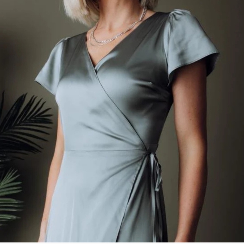 Baltic Born Krystal Satin Wrap Gown- color Eucalyptus - Picture 3 of 6